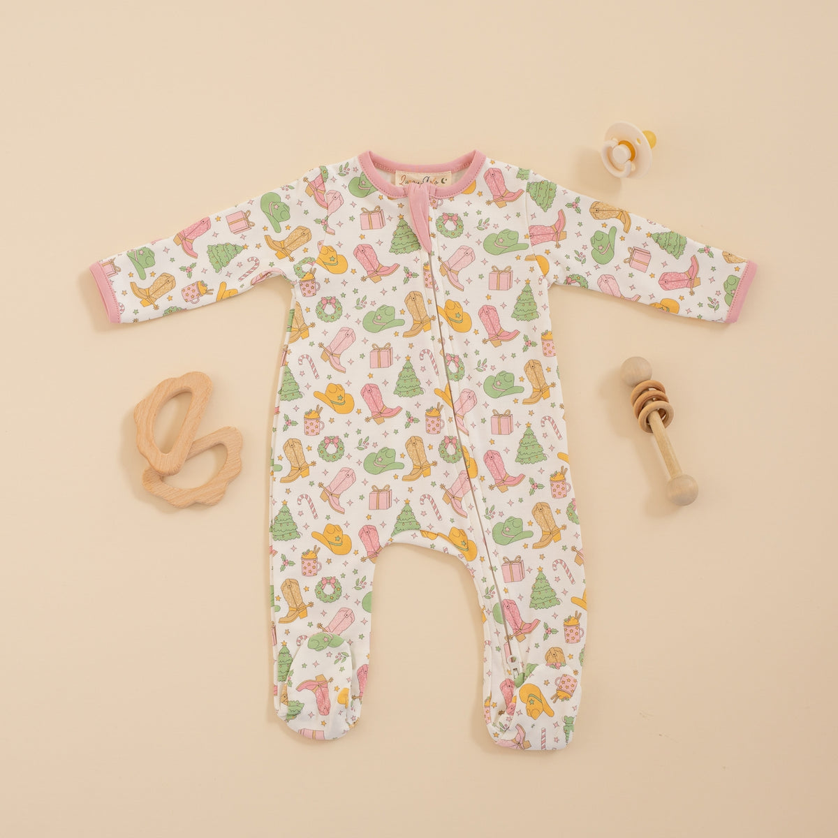 Cowboy Christmas Zip Footie - Dusty Rose