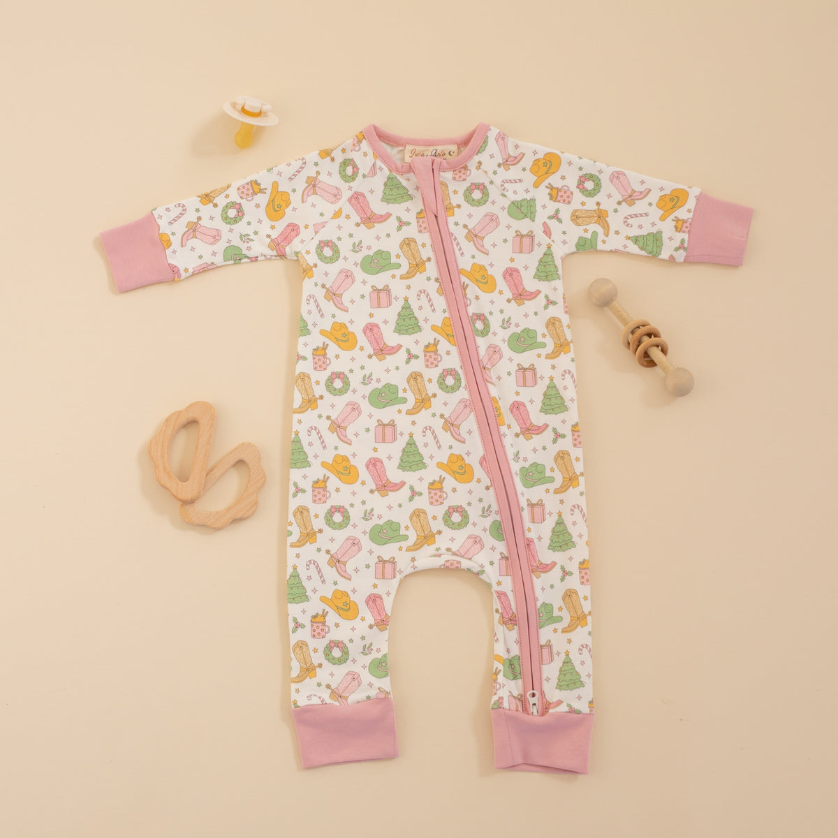 Cowboy Christmas Zip Playsuit - Dusty Rose