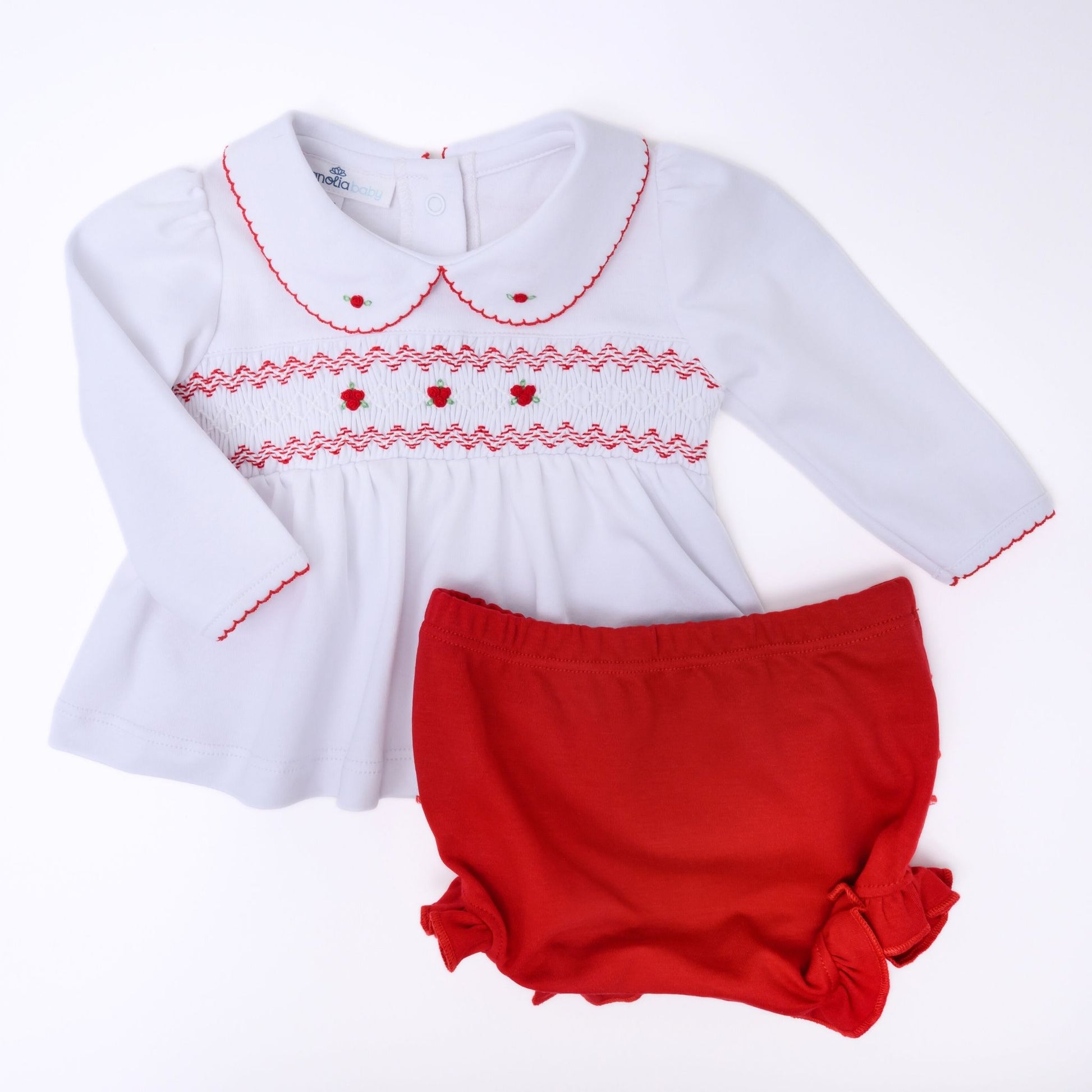 Eve Classics Smocked Long Sleeve Diaper Cover Set - Red - Magnolia Baby Girl