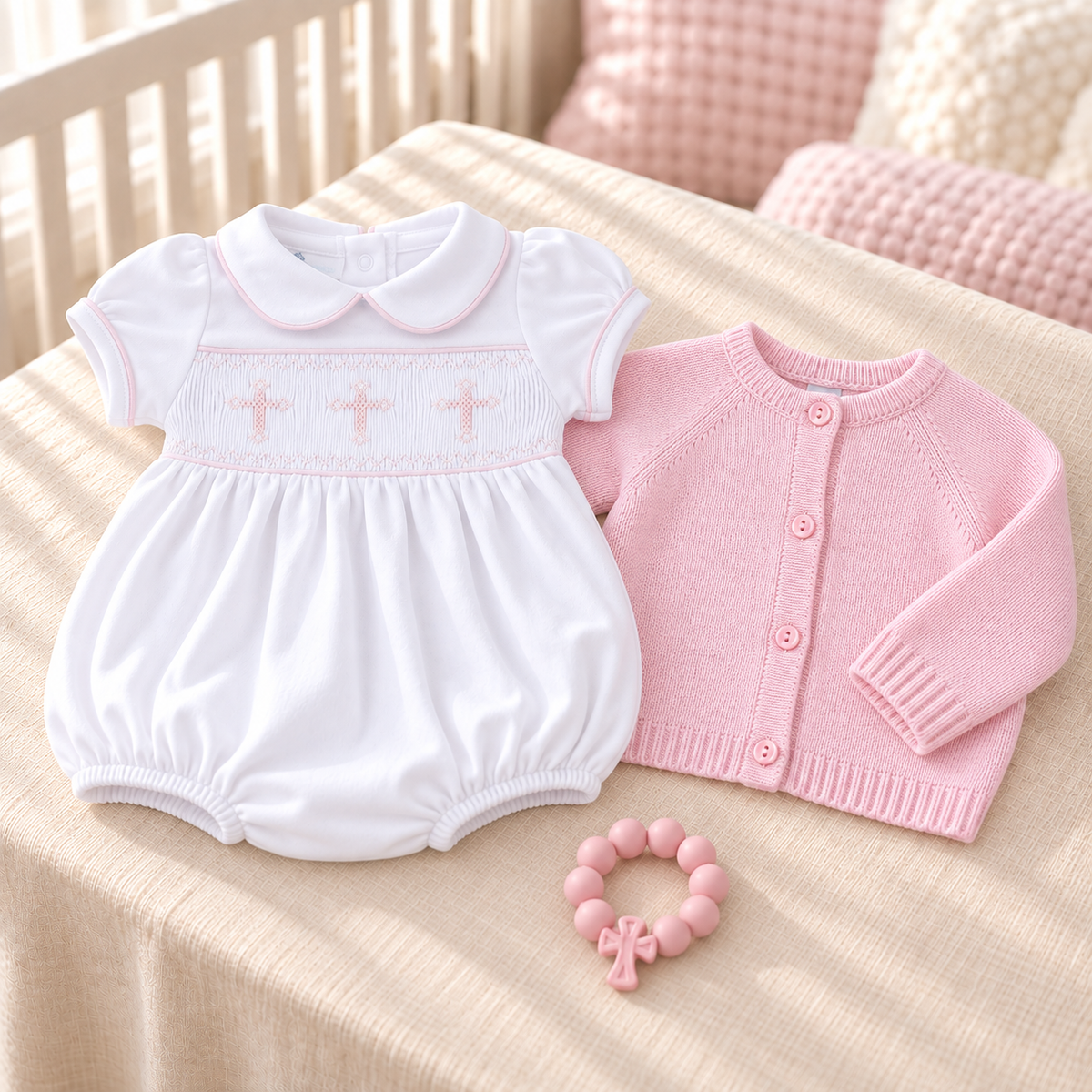 Baby Girl Smocked Bubble + Cardigan Gift Set - Forever Blessed