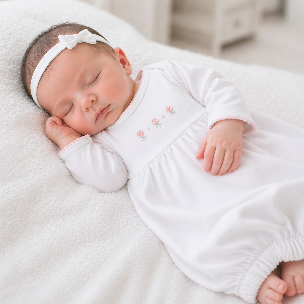 Newborn baby girl sleeping in a white Magnolia Baby gown featuring hand-smocked bullion rose embroidery in soft pink with delicate green stems, photographed in bright natural light on a plush white blanket