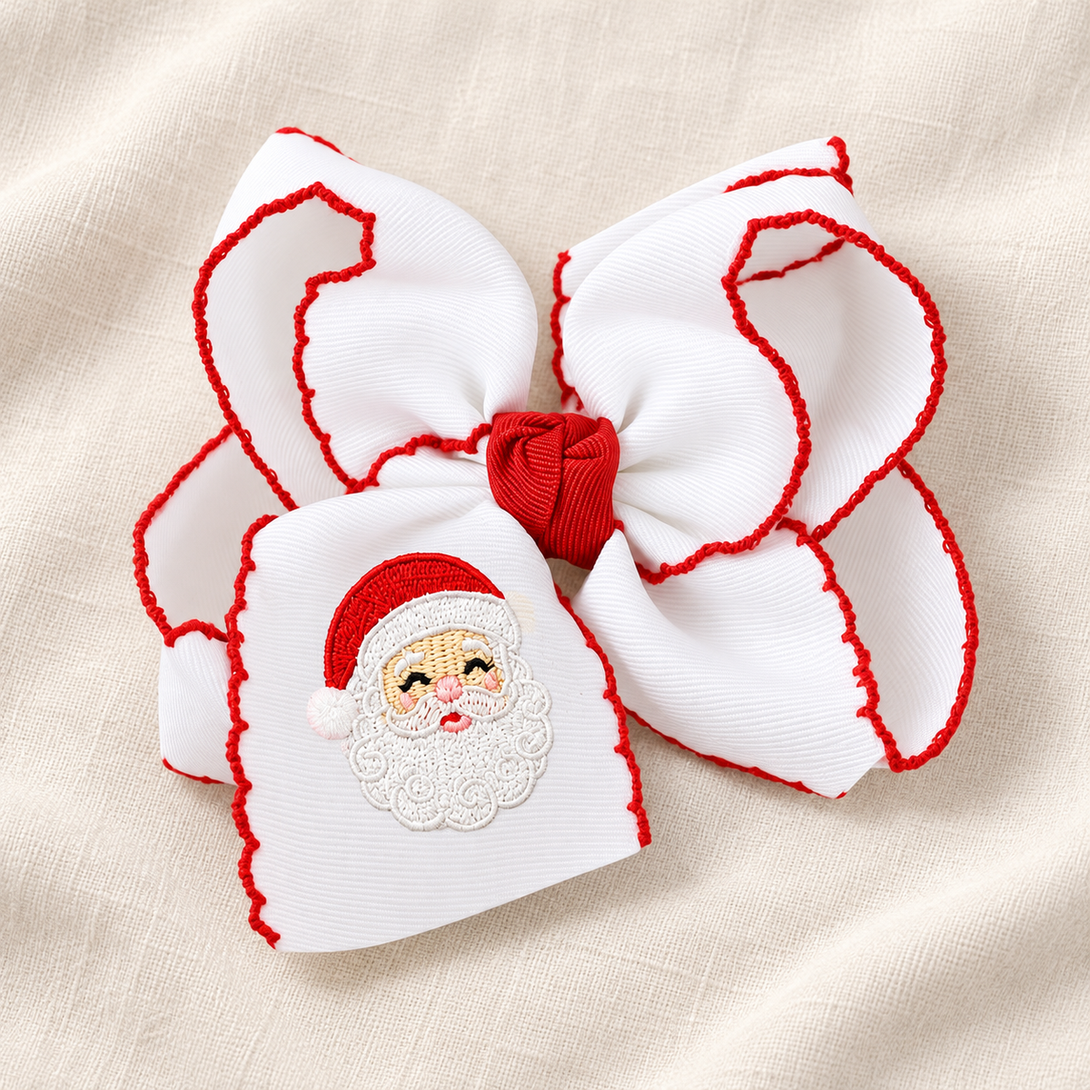 Santa Embroidered Christmas Hair Bow