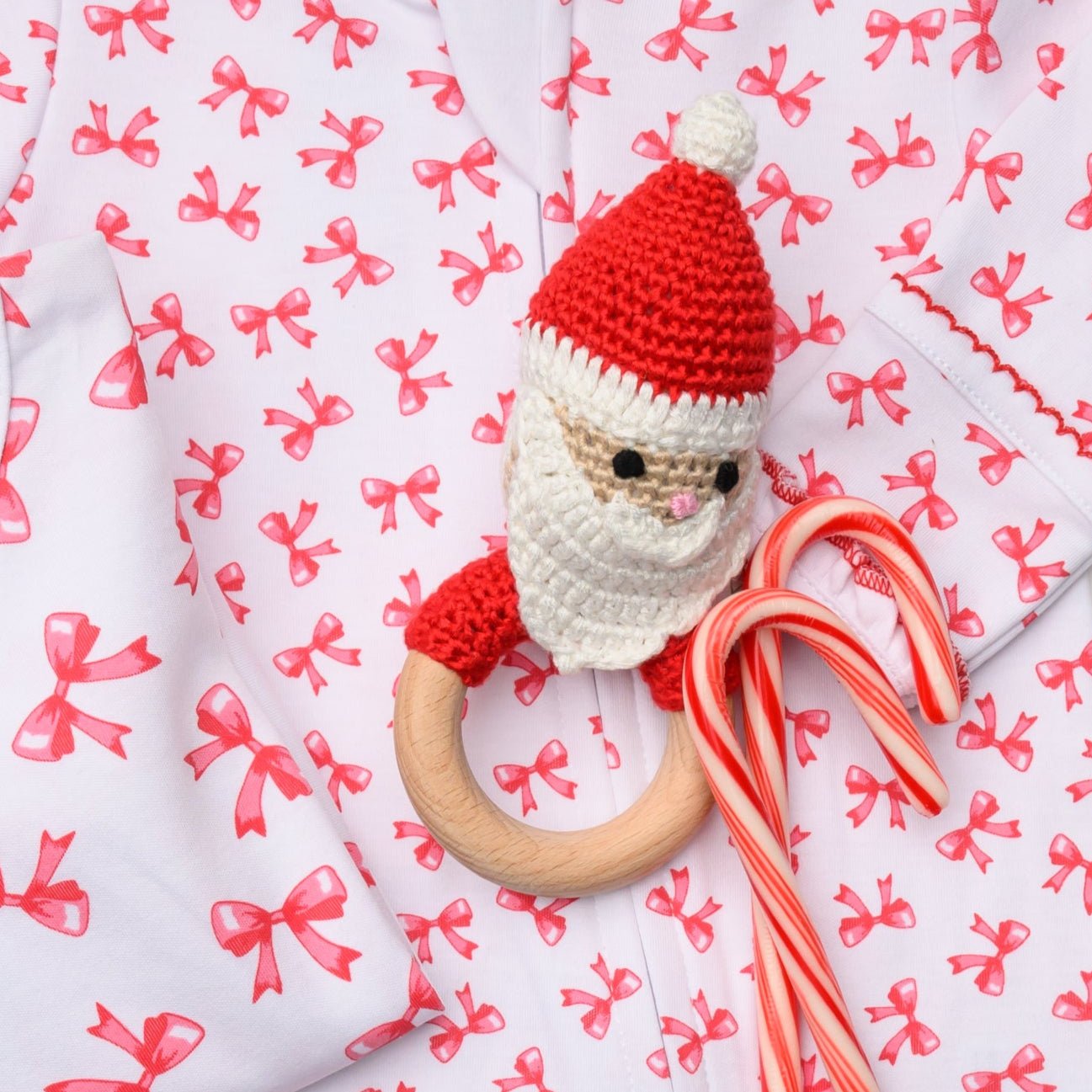 Magnolia Baby Scarlett Bows Pajamas and Footie with Santa Teething Ring - Magnolia BabyGift Set