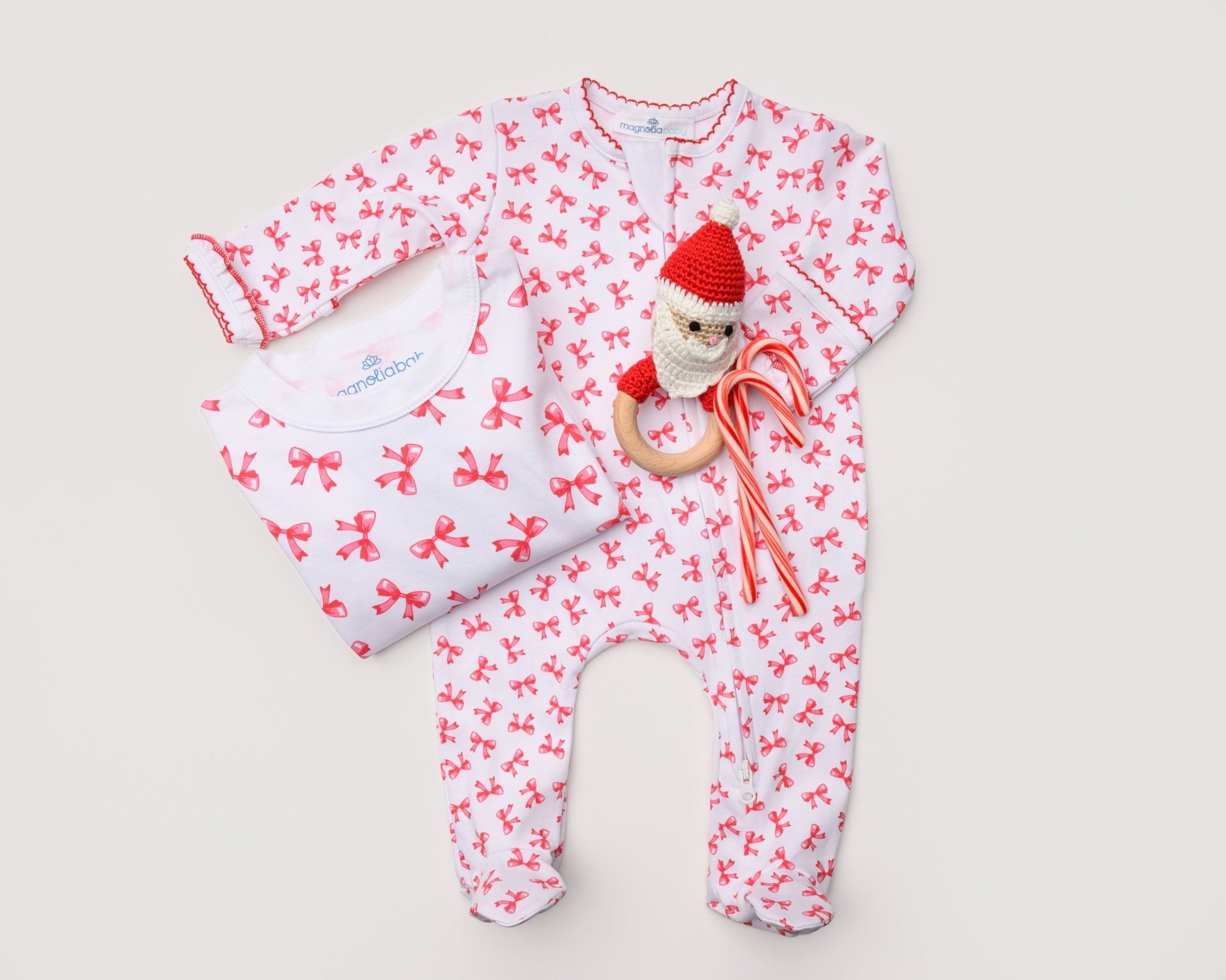 Magnolia Baby Scarlett Bows Pajamas and Footie with Santa Teething Ring - Magnolia BabyGift Set