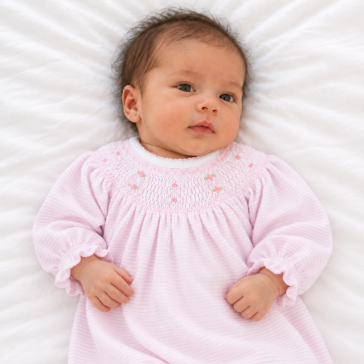 A baby lying on a white textured blanket, wearing a light pink long-sleeve baby smocked dress with tiny embroidered details on the chest.
