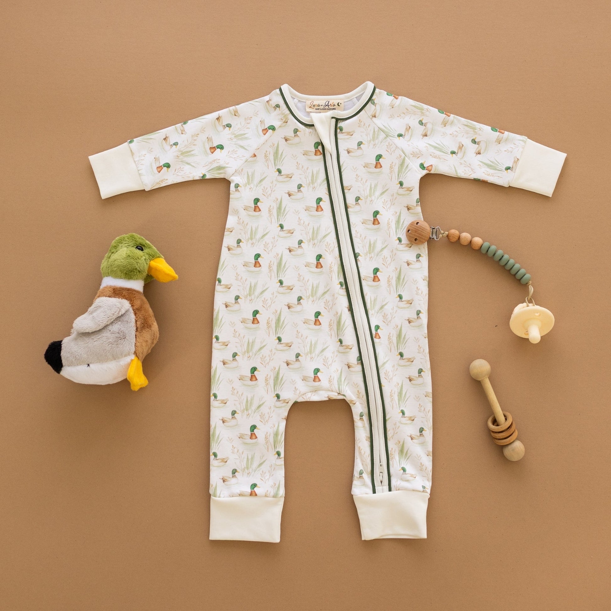 Luna and Arlo_Mallard's Pond Zip Playsuit_1