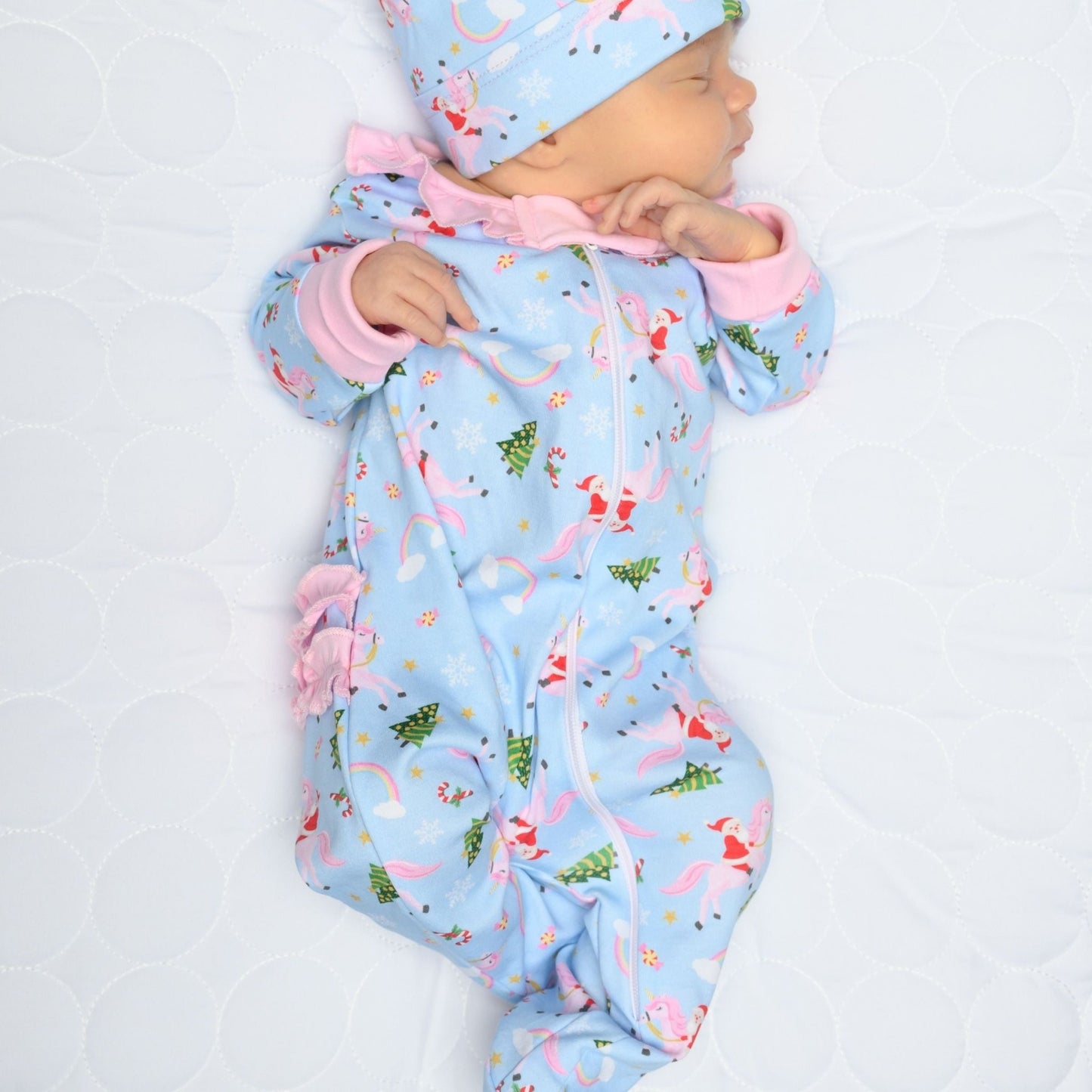 Merry Unicorn Print Ruffle Zip Footie - Magnolia BabyFootie