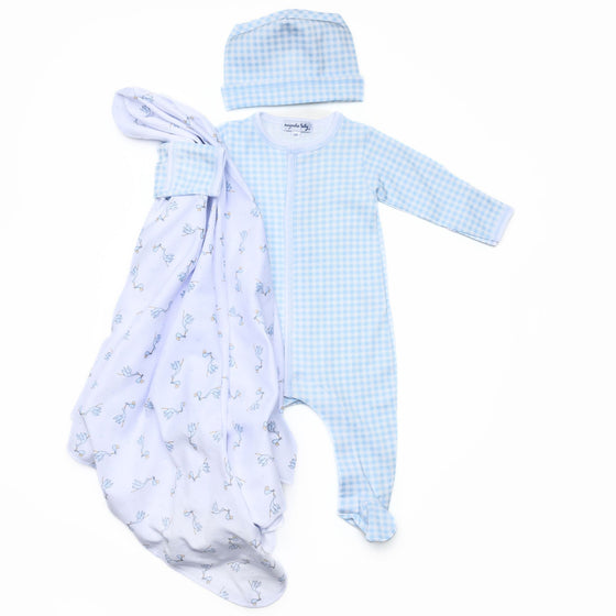 Mini Check Footie and Hat with Worth the Wait Swaddle - Blue - Magnolia Baby