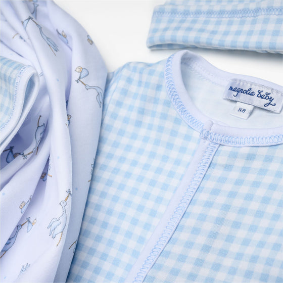 Mini Check Footie and Hat with Worth the Wait Swaddle - Blue - Magnolia Baby