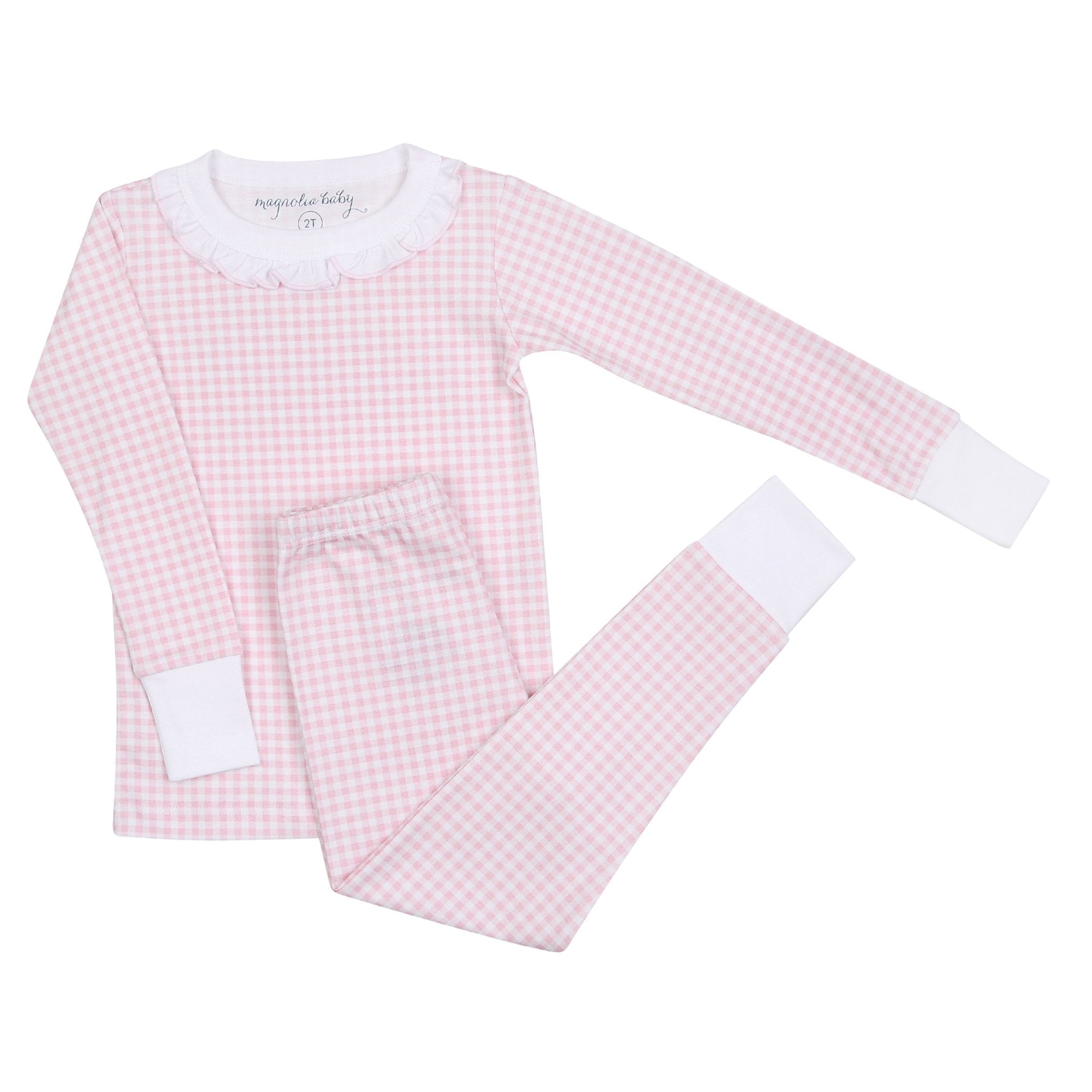 Mini Checks Ruffle Long Pajamas - Pink - Magnolia BabyLong Pajamas