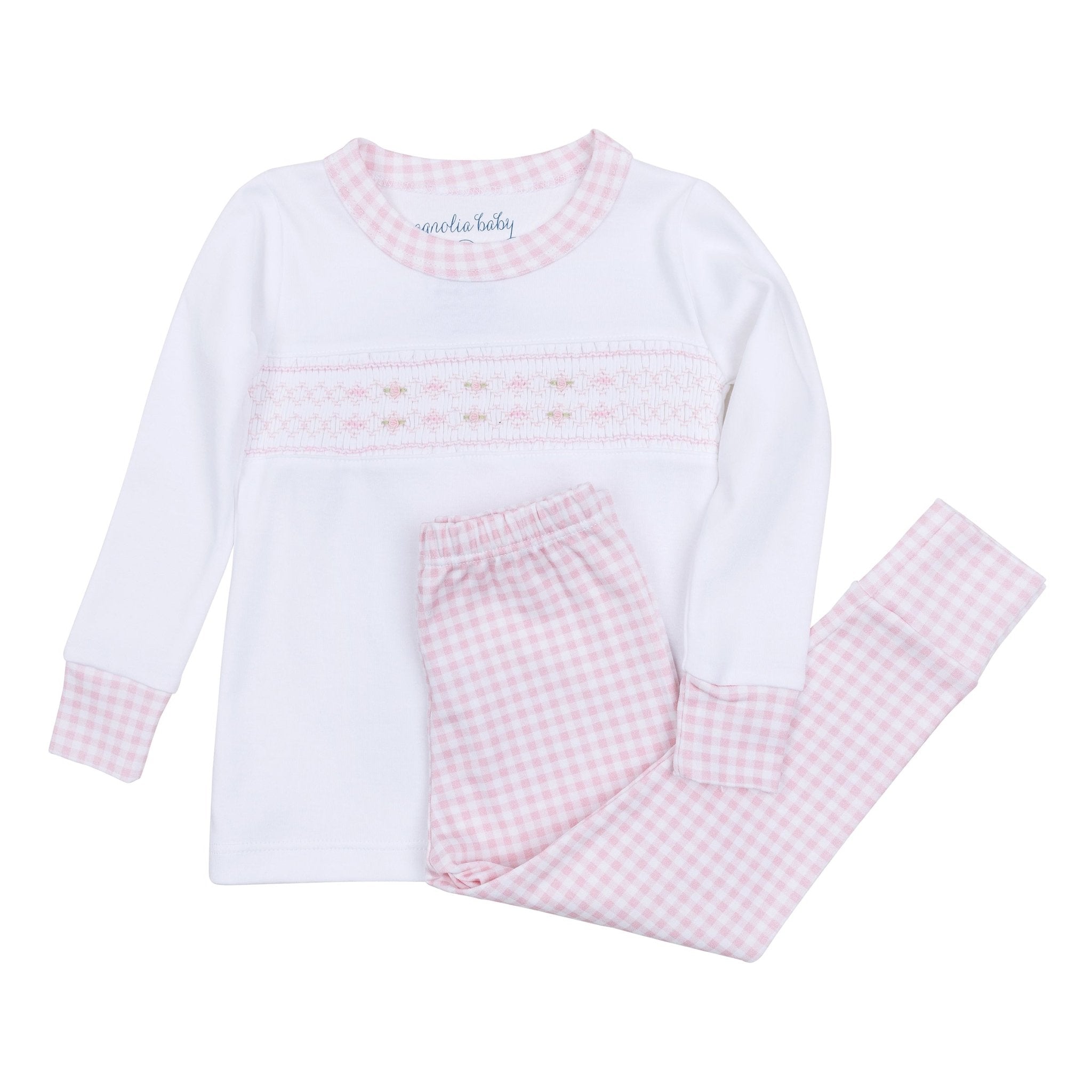 Mini Checks Smocked Long Pajama - Pink - Magnolia BabyLong Pajamas