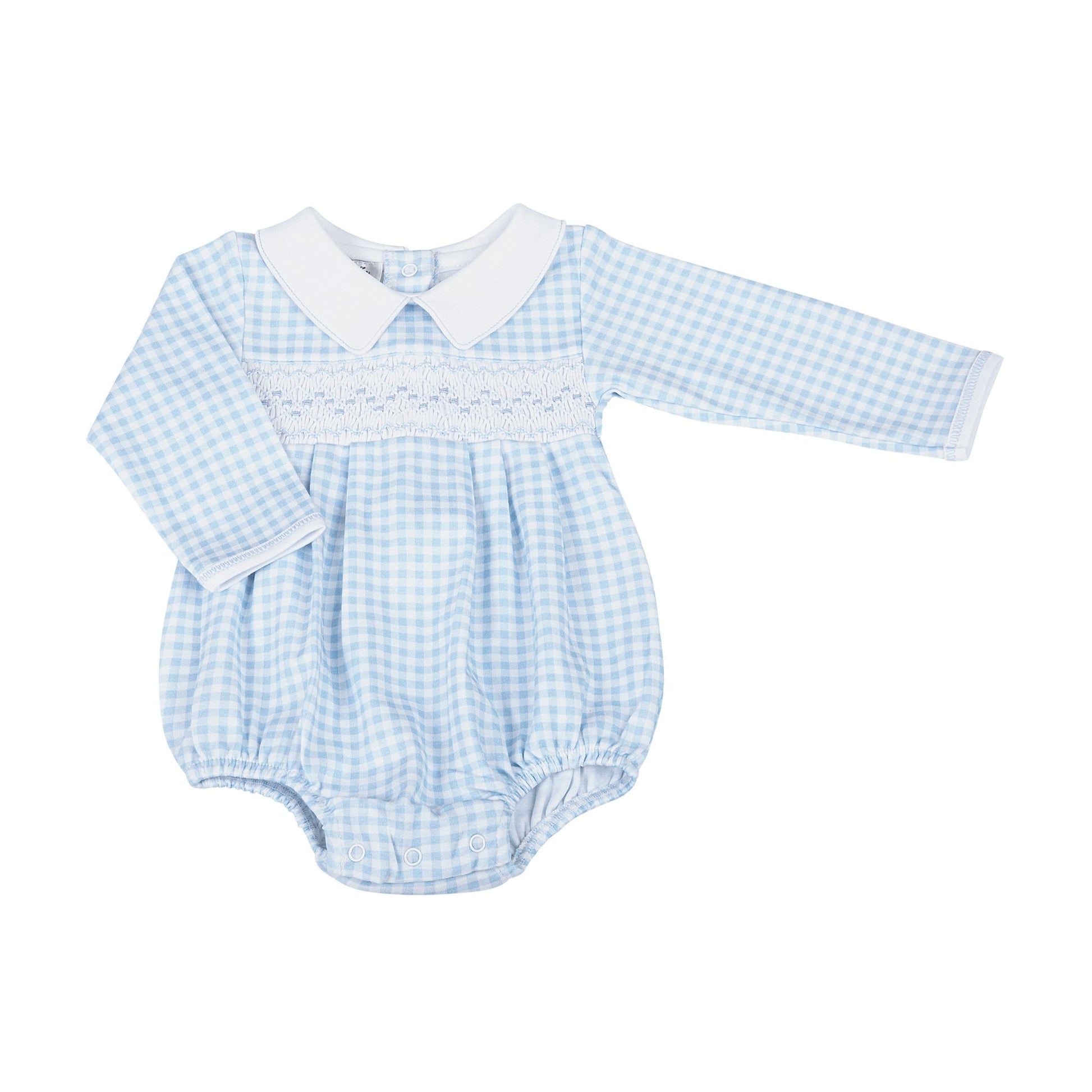 Mini Checks Smocked Long Sleeve Bubble - Blue - Magnolia BabyBubble