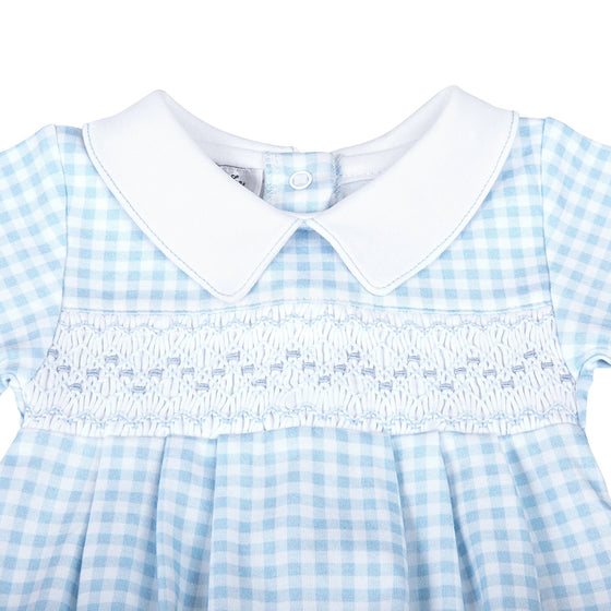 Mini Checks Smocked Long Sleeve Bubble - Blue - Magnolia BabyBubble