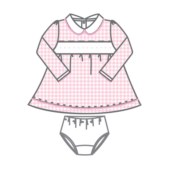 Mini Checks Smocked Long Sleeve Dress - Pink - Magnolia BabyDress