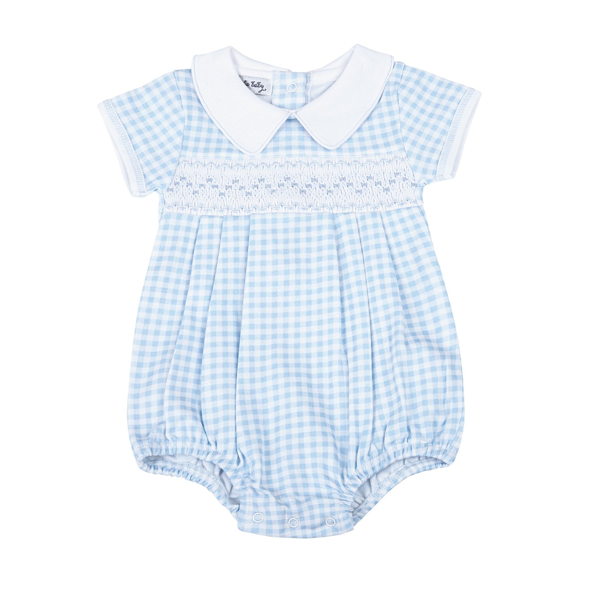Mini Checks Smocked Short Sleeve Bubble - Blue - Magnolia BabyBubble