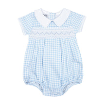  Mini Checks Smocked Short Sleeve Bubble - Blue - Magnolia BabyBubble