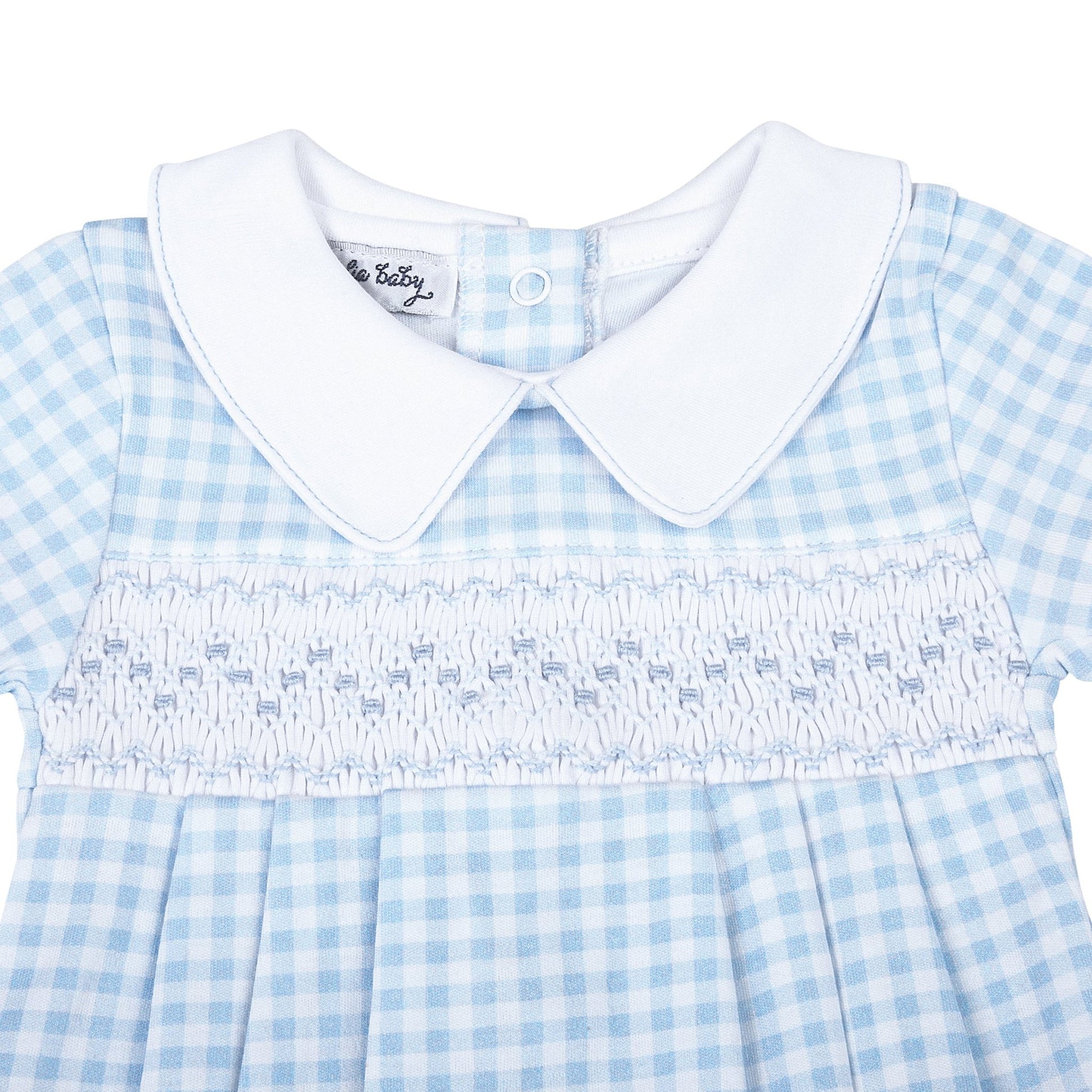 Mini Checks Smocked Short Sleeve Bubble - Blue - Magnolia BabyBubble