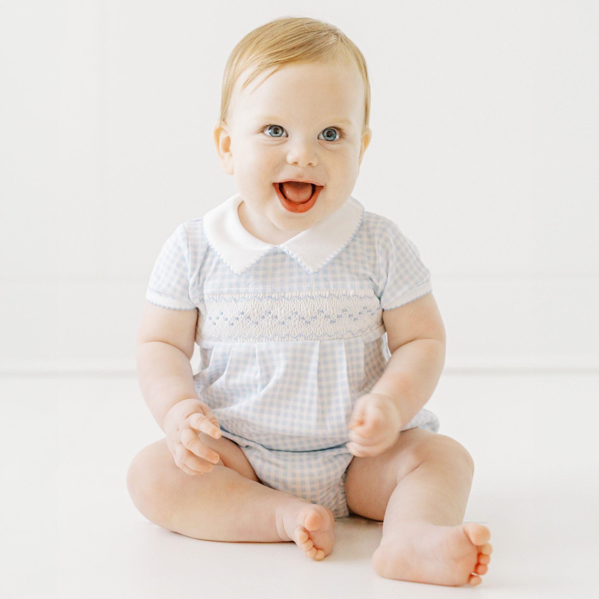 Mini Checks Smocked Short Sleeve Bubble - Blue - Magnolia BabyBubble