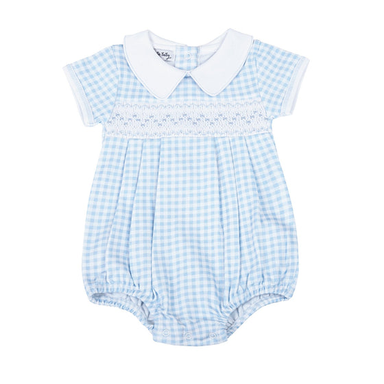 Mini Checks Smocked Short Sleeve Bubble - Blue - Magnolia BabyBubble