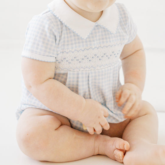 Mini Checks Smocked Short Sleeve Bubble - Blue - Magnolia BabyBubble