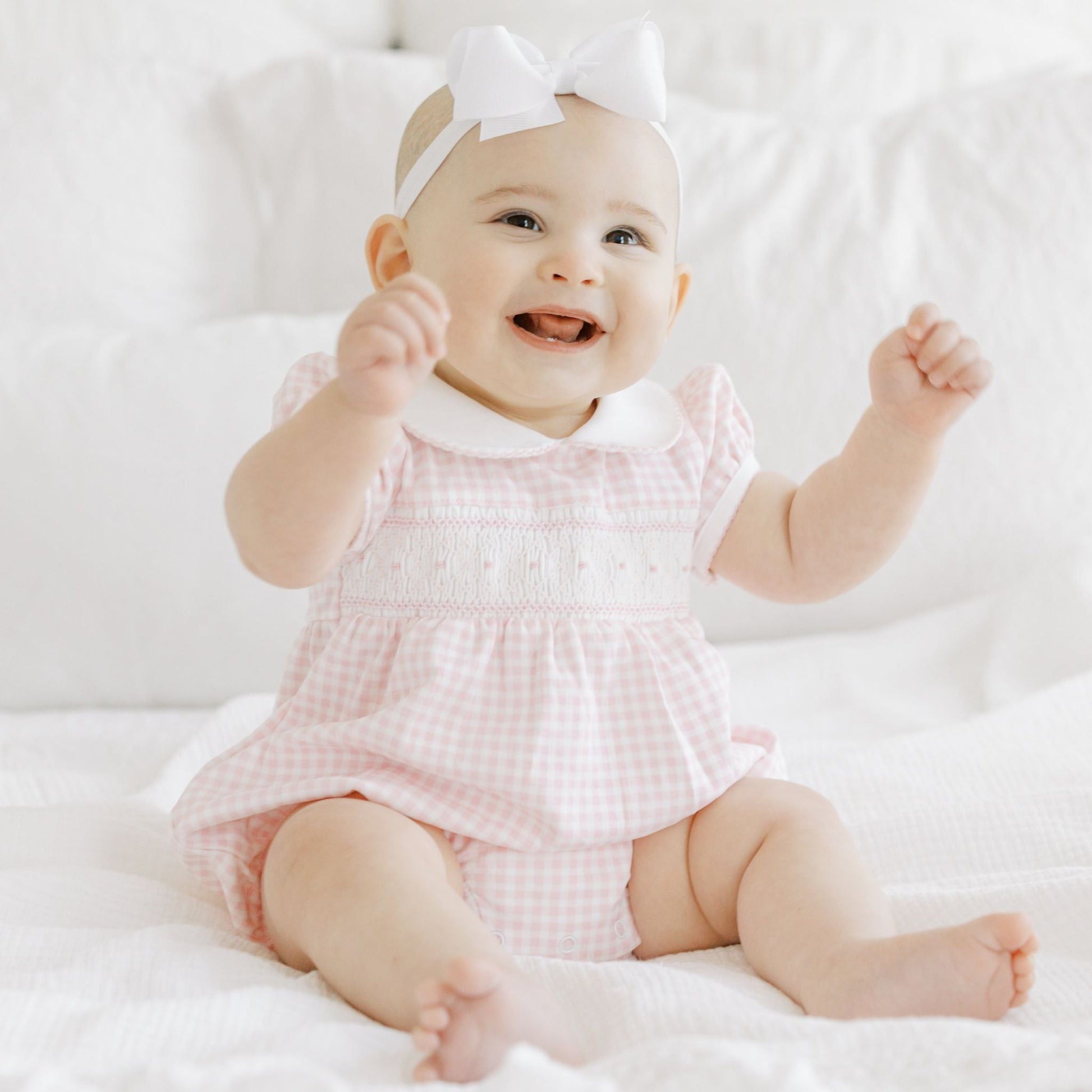 Mini Checks Smocked Short Sleeve Bubble - Pink Magnolia Baby Mini Checks Smocked Short Sleeve Bubble - Pink Magnolia Baby