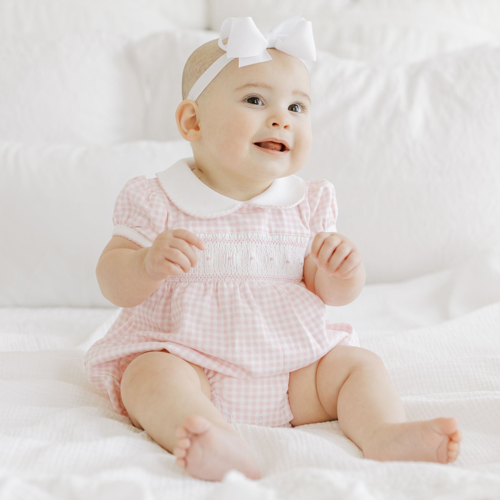 Mini Checks Smocked Short Sleeve Bubble - Pink - Magnolia BabyBubble