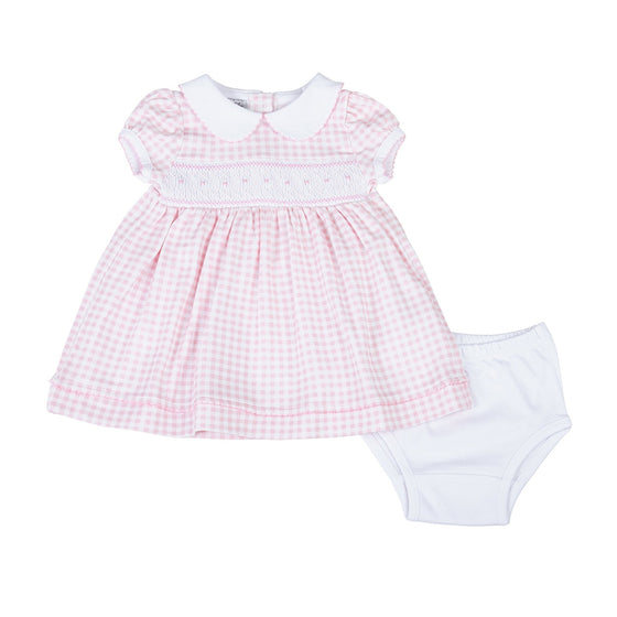 Mini Checks Smocked Short Sleeve Dress - Pink - Magnolia BabyDress