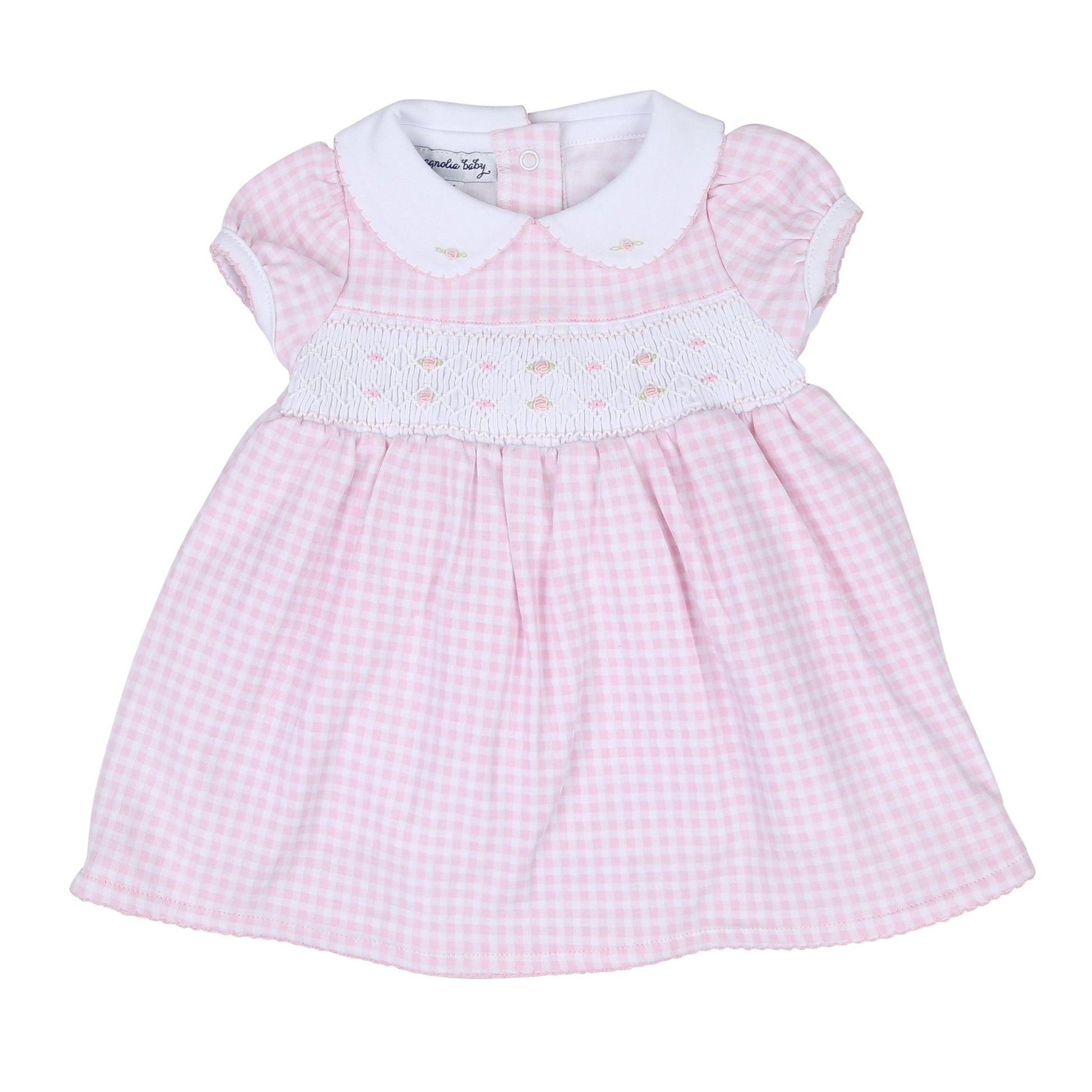 Mini Checks Smocked Short Sleeve Dress - Pink - Magnolia BabyDress