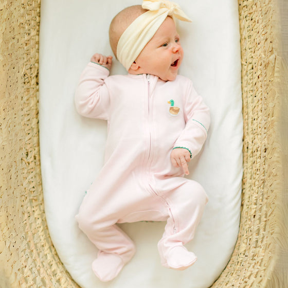 Mini Mallard Embroidered Ruffle Zip Footie - Pink - Magnolia BabyFootie