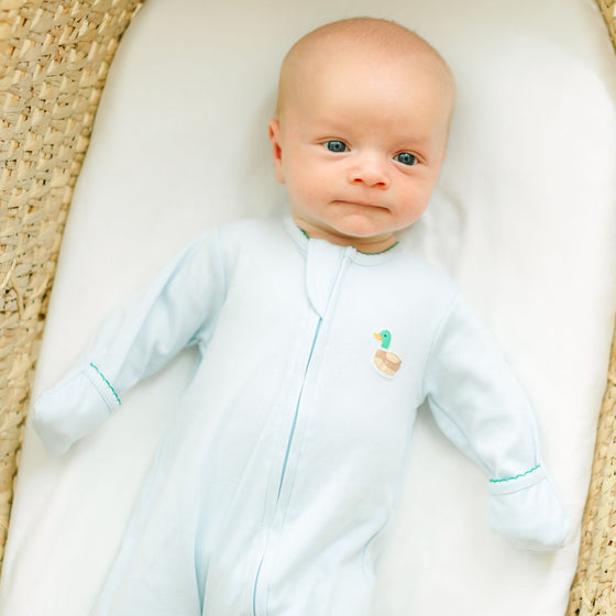 Mini Mallard Embroidered Zip Footie - Light Blue - Magnolia BabyFootie
