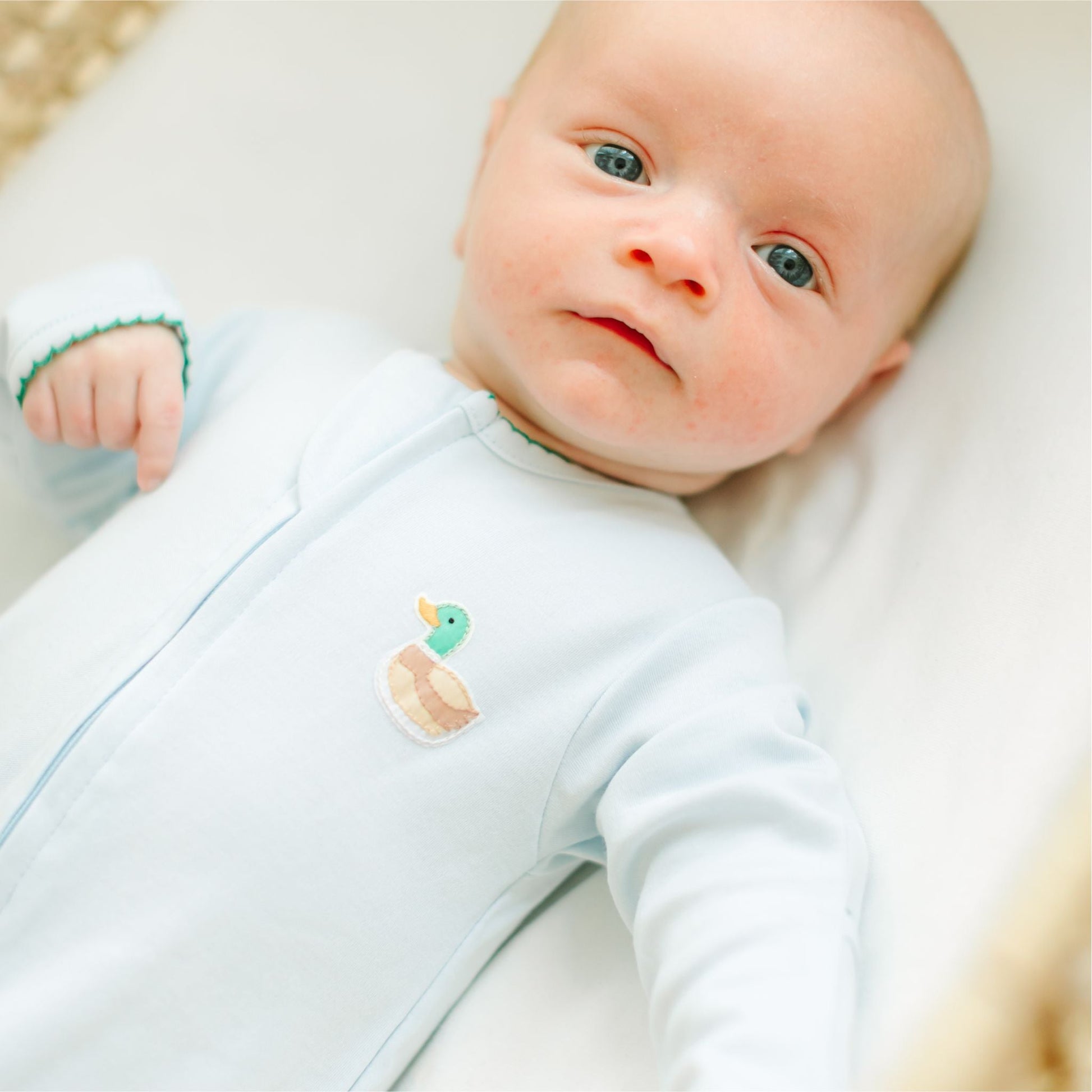 Mini Mallard Embroidered Zip Footie - Light Blue - Magnolia BabyFootie