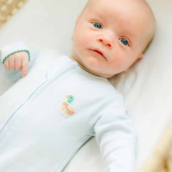 Mini Mallard Embroidered Zip Footie - Light Blue - Magnolia BabyFootie