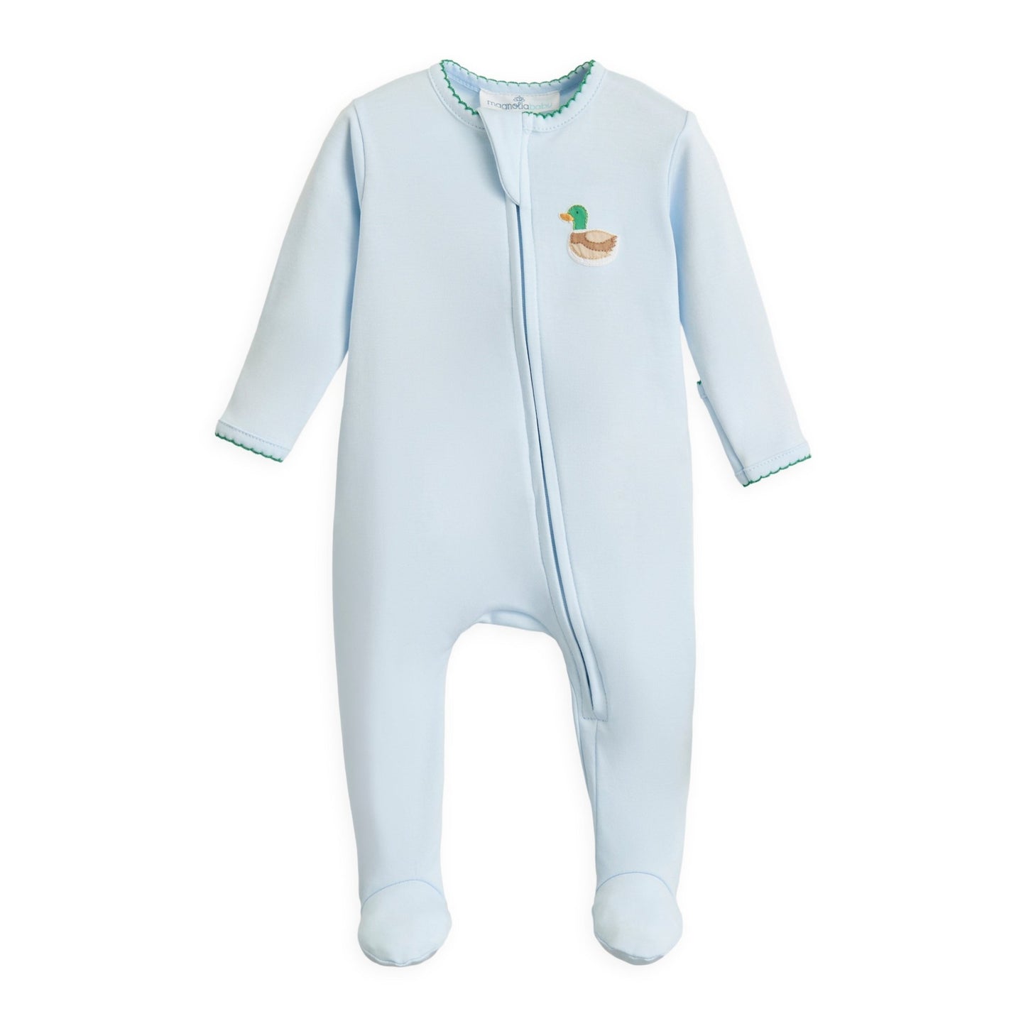 Mini Mallard Embroidered Zip Footie - Light Blue - Magnolia BabyFootie