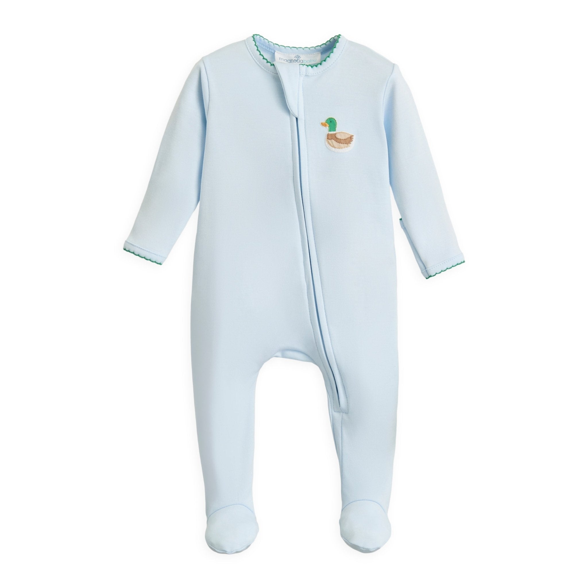 Mini Mallard Embroidered Zip Footie - Light Blue - Magnolia BabyFootie