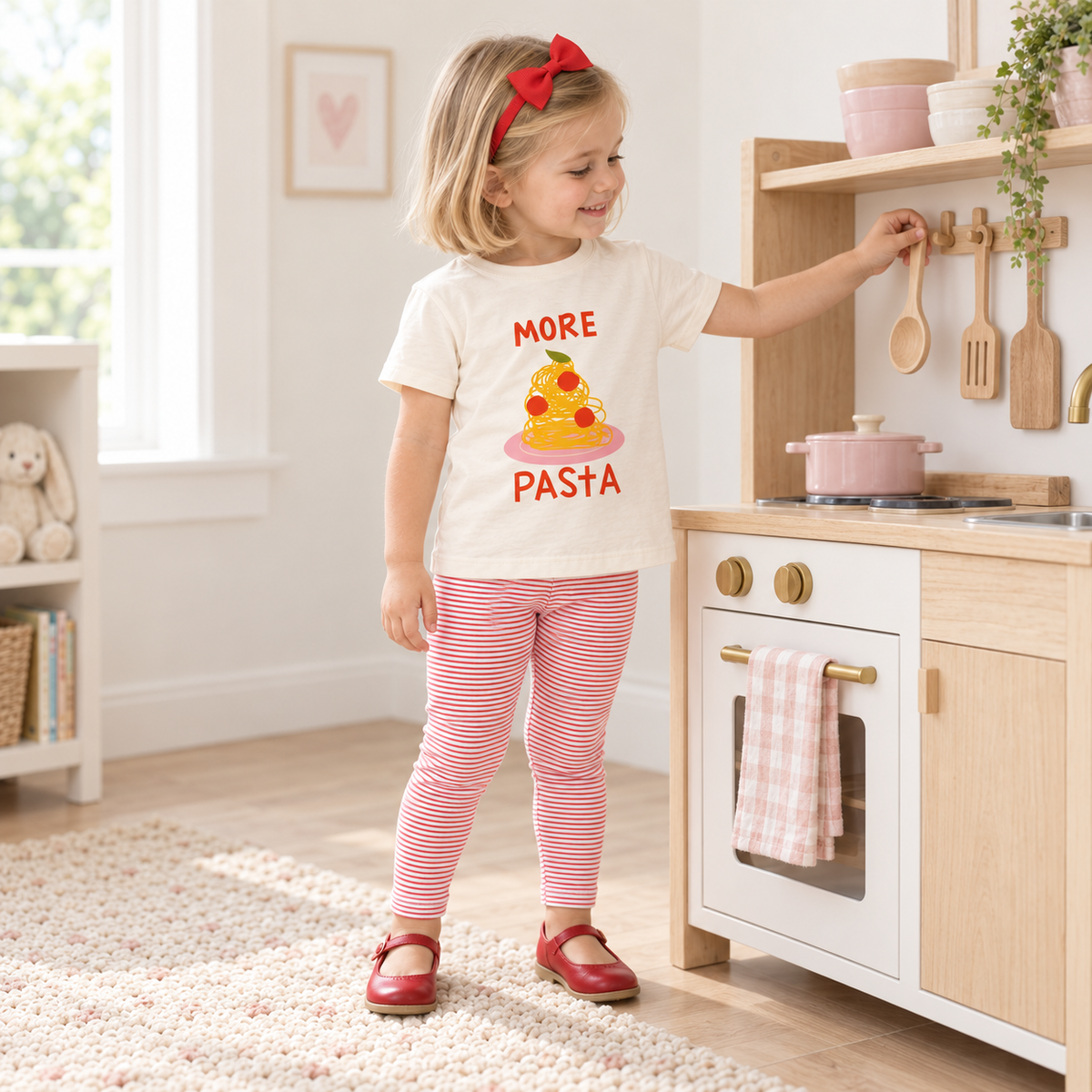 Girl Playwear Set - More Pasta & Red Striped Leggings