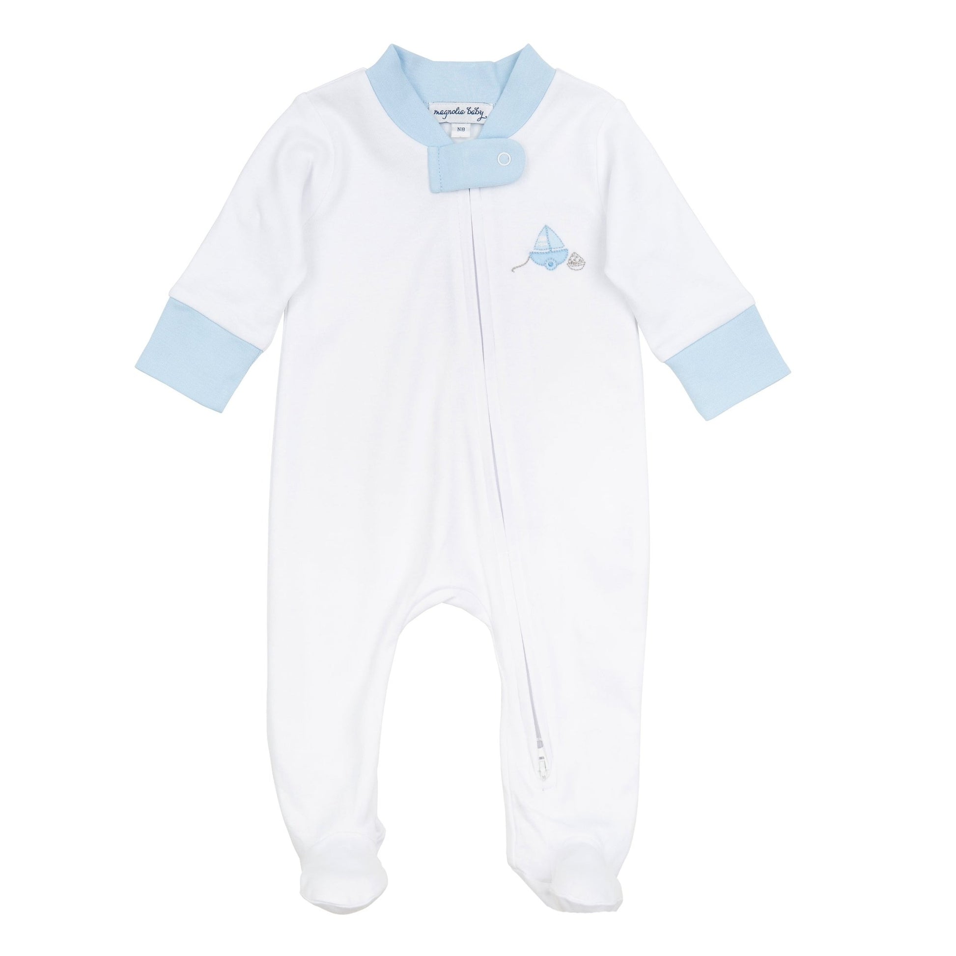 My First Sailboat Embroidered Zip Footie - Light Blue - Magnolia BabyFootie