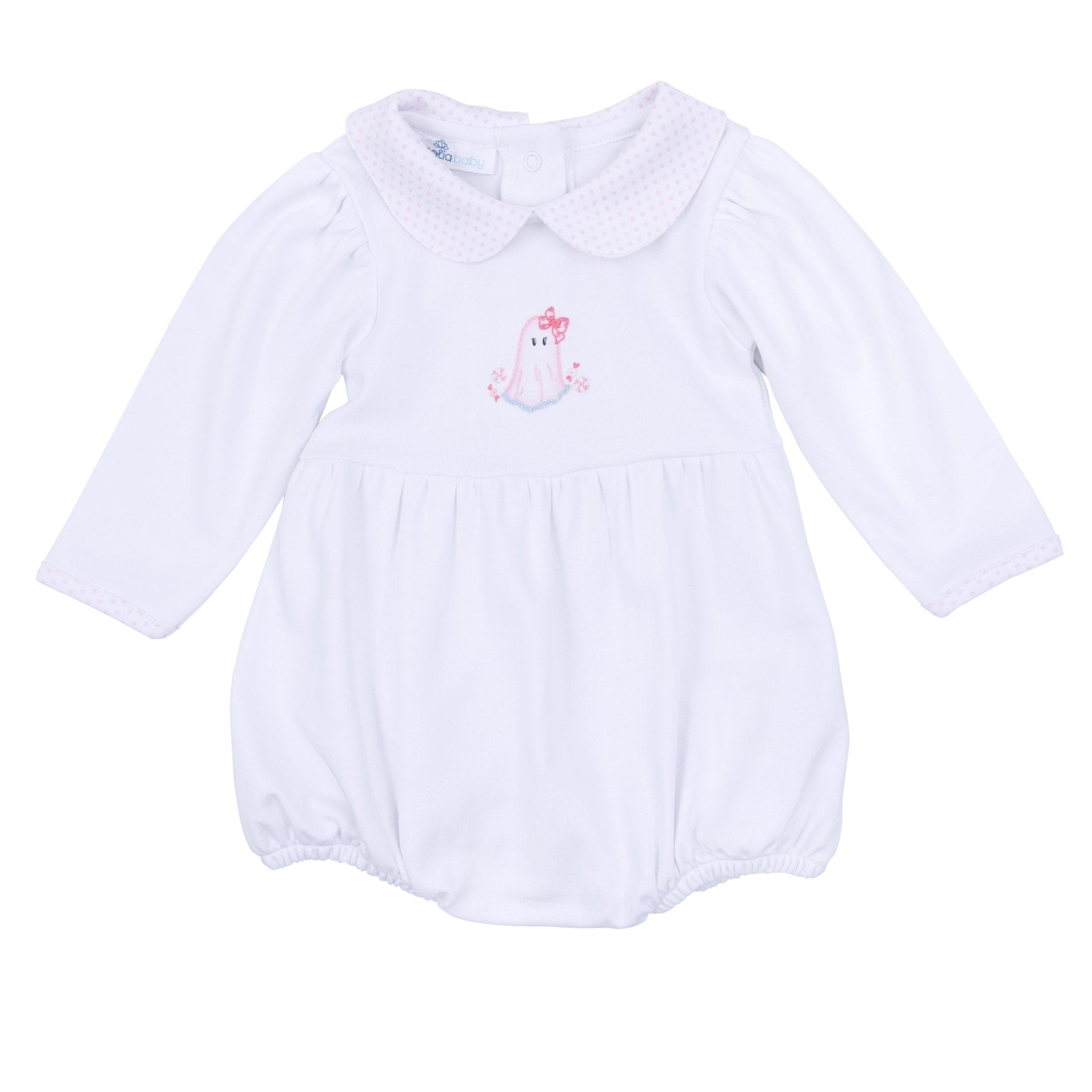 My Little Boo Embroidered Collared Ruffle Long Sleeve Bubble - Pink - Magnolia BabyBubble