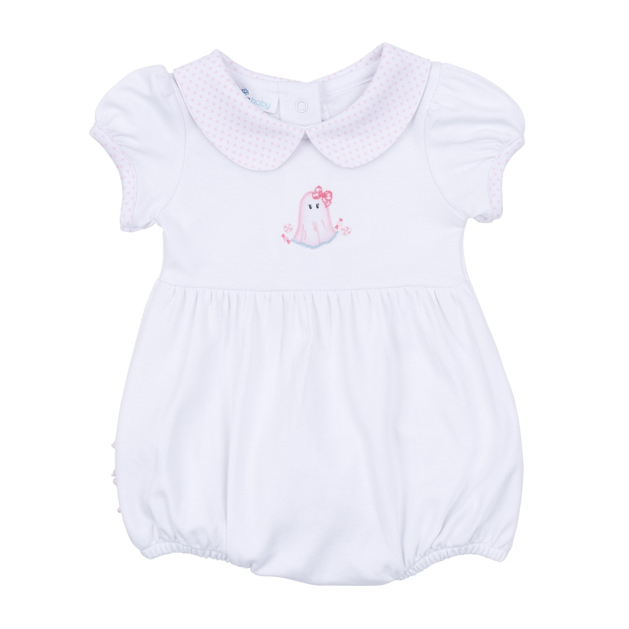 My Little Boo Embroidered Collared Ruffle Short Sleeve Bubble - Pink - Magnolia BabyBubble