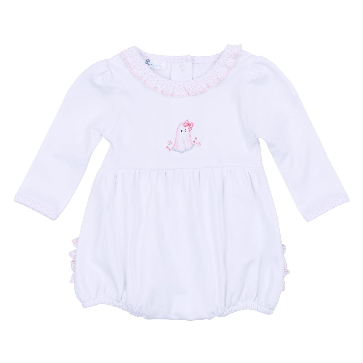 My Little Boo Embroidered Ruffle Long Sleeve Bubble - Pink - Magnolia BabyBubble