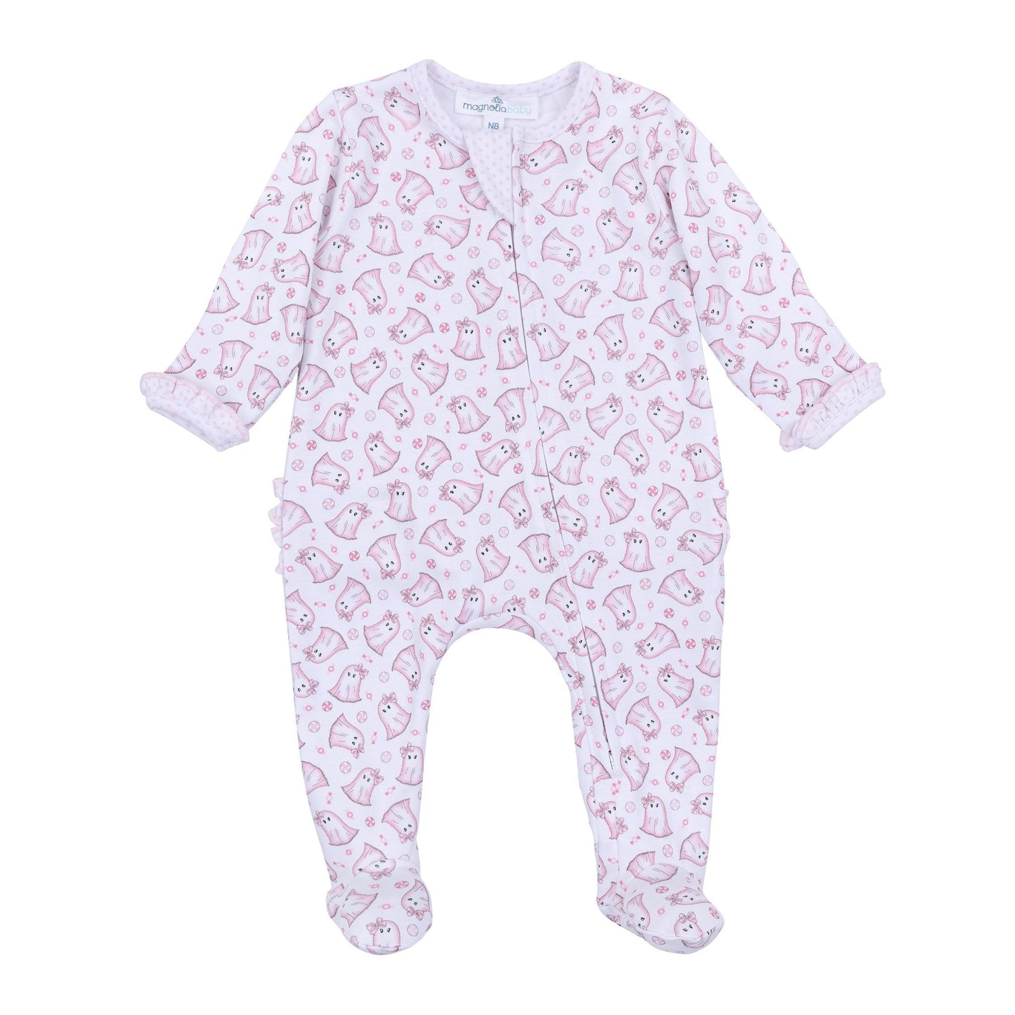 My Little Boo Print Ruffle Zip Footie - Pink - Magnolia BabyFootie