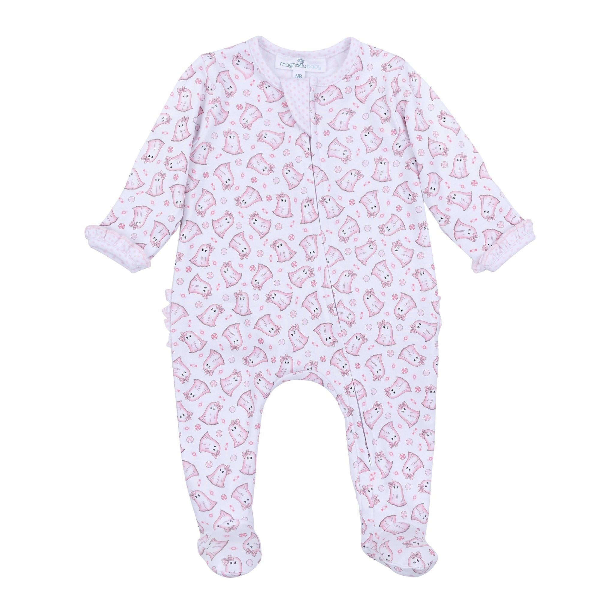 My Little Boo Print Ruffle Zip Footie - Pink - Magnolia BabyFootie