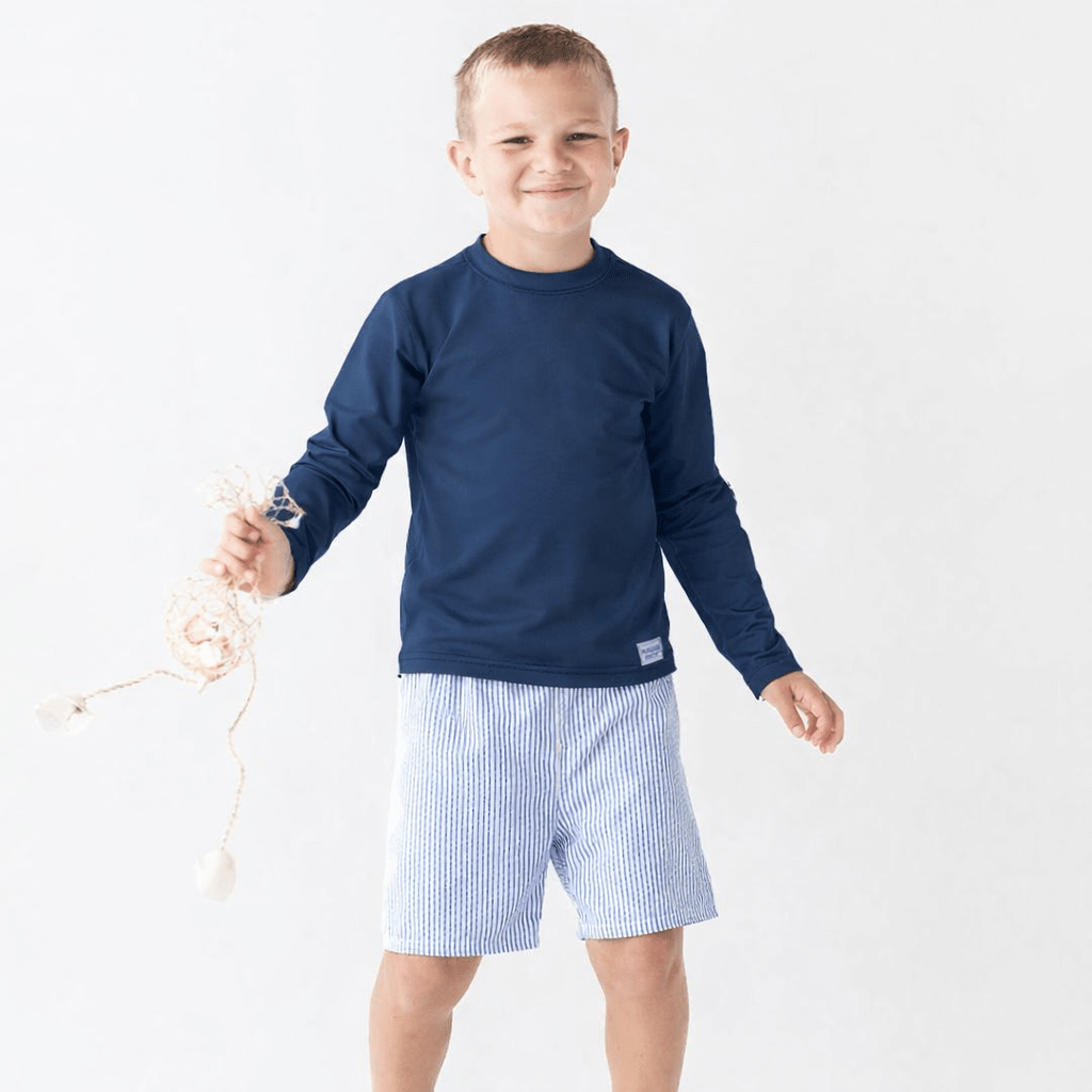 Navy Rashguard + Seersucker Striped Swim Trunks - Magnolia BabySwimwear