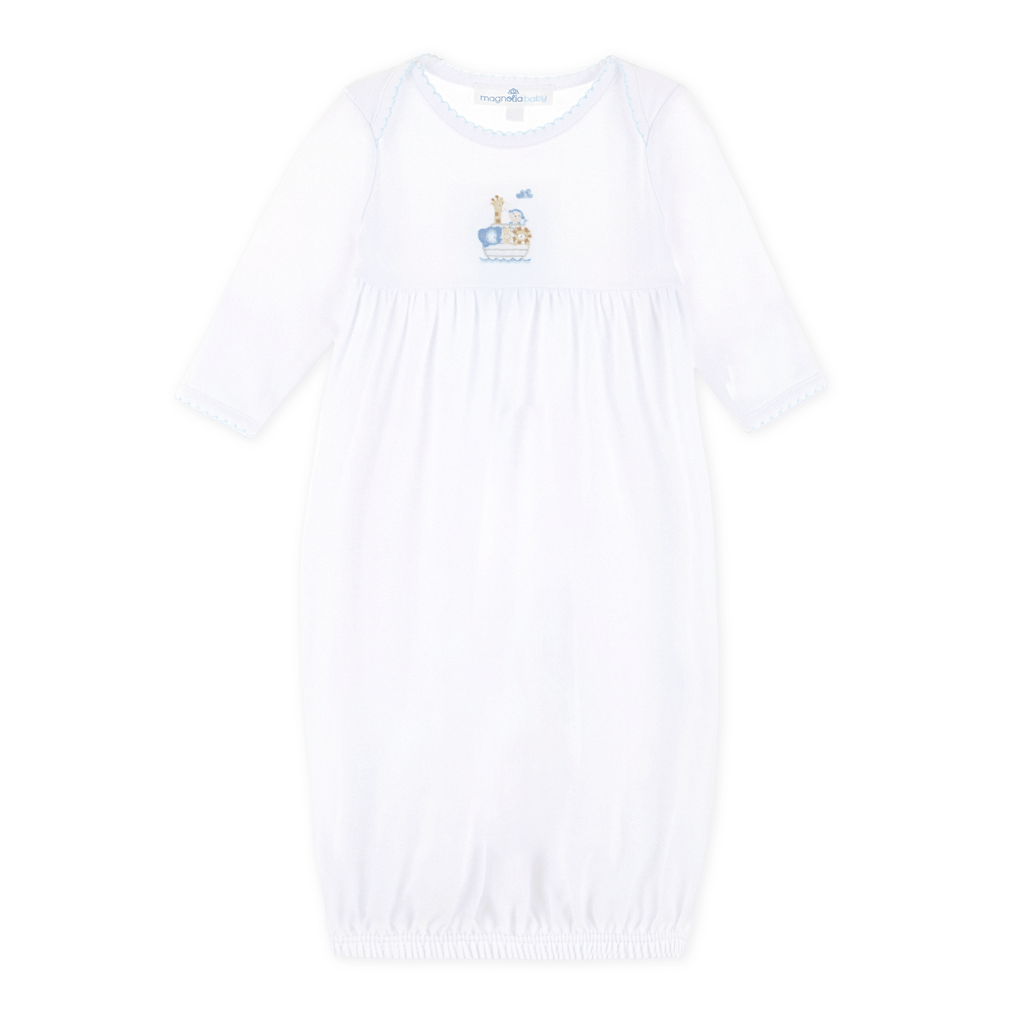 Noah's Ark Hand - Embroidered Gathered Gown - Light Blue - Magnolia BabyGown