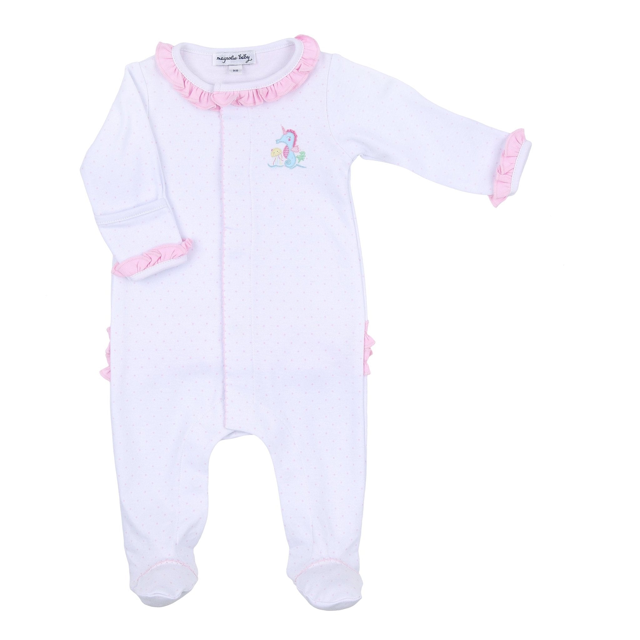 Ocean Bliss Pink Embroidered Ruffle Footie - Magnolia BabyFootie