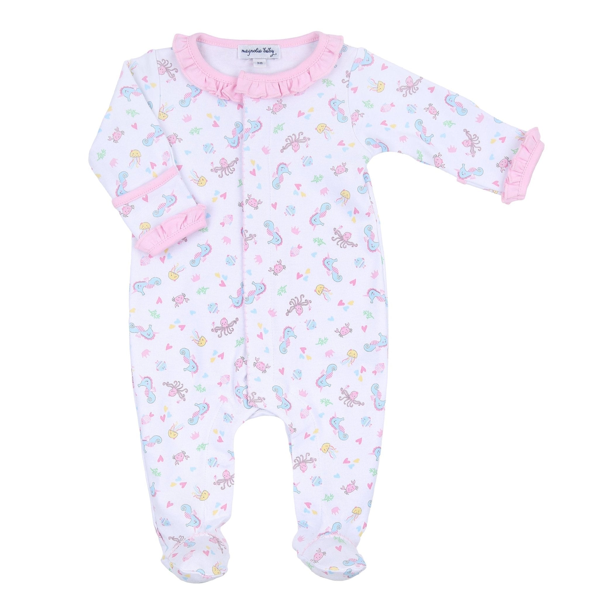 Ocean Bliss Pink Print Ruffle Footie - Magnolia BabyFootie