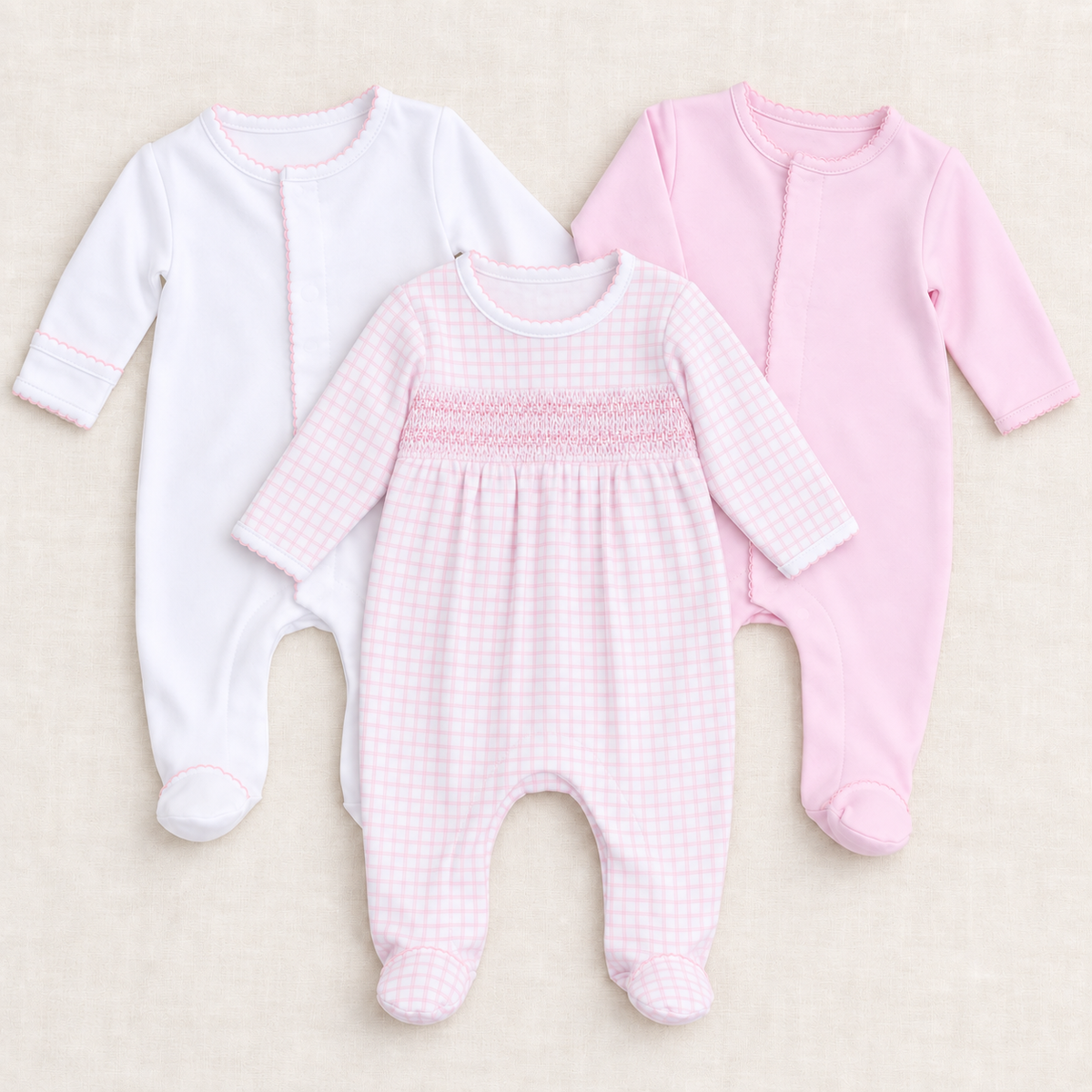 Baby Girl Footie Set - Peek-a-Boo Wishes Smocked + Essentials - Set of 3