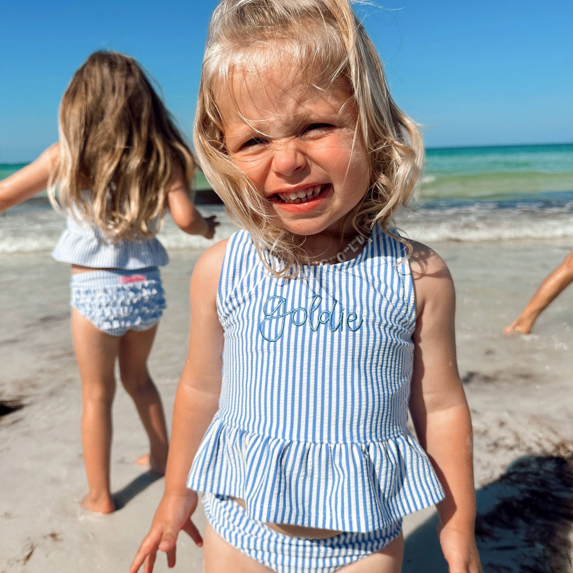 Peplum Tankini 2 - Piece Swimsuit - Periwinkle Blue Seersucker Stripe - Magnolia BabySwimsuit