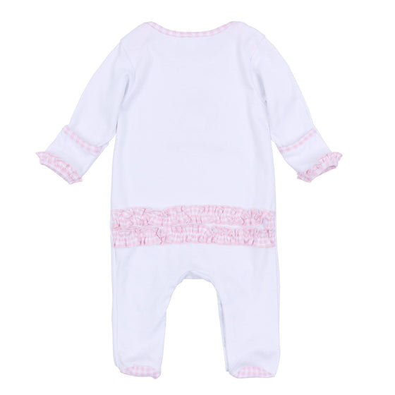 Pilgrim Pals Applique Baby's First Thanksgiving Ruffle Lap Footie - Pink - Magnolia BabyFootie