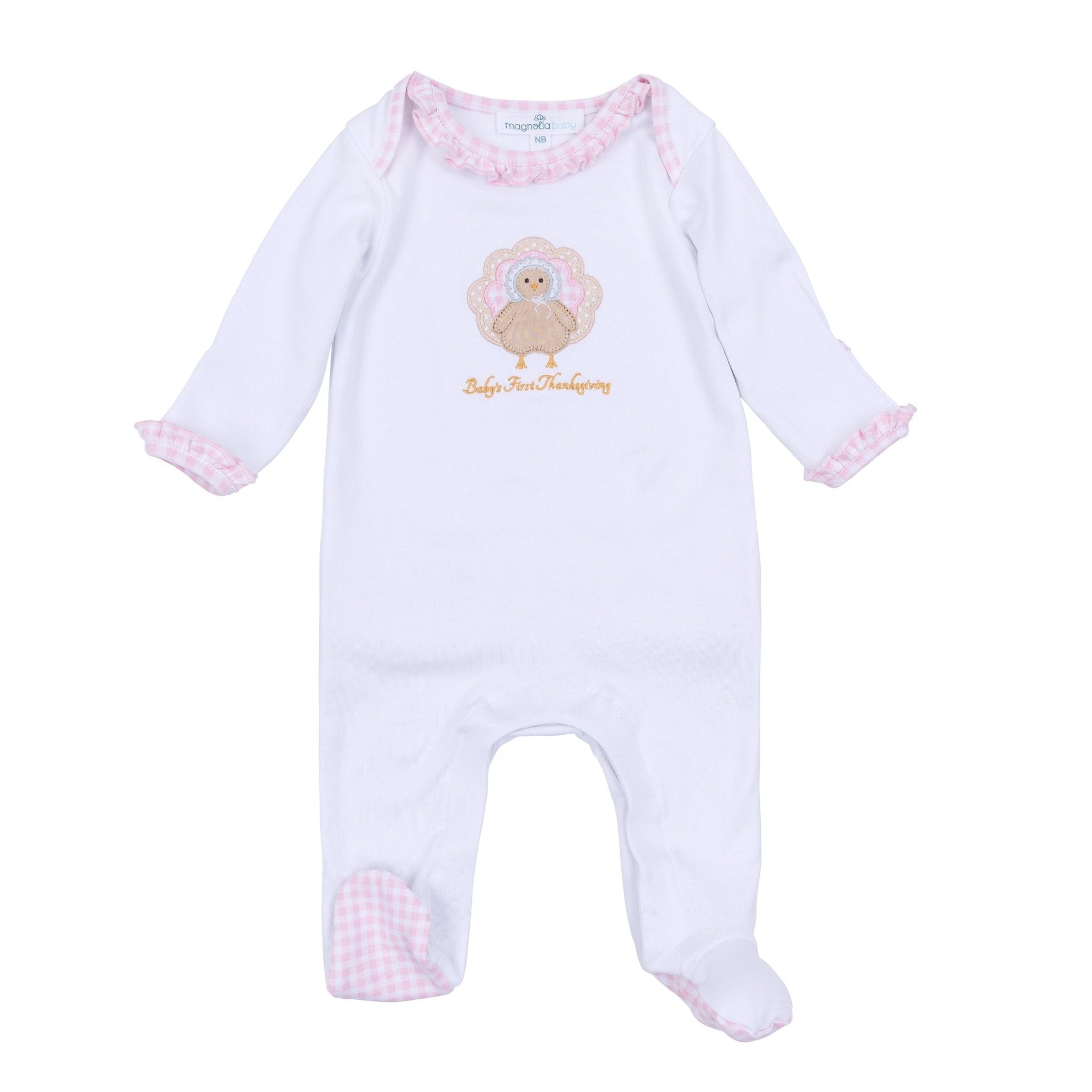 Pilgrim Pals Applique Baby's First Thanksgiving Ruffle Lap Footie - Pink - Magnolia BabyFootie