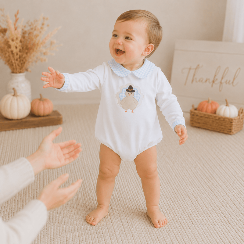 Pilgrim Pals Applique Collared Long Sleeve Bubble - Light Blue